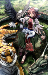 Rule 34 | 1girl, animal, arm at side, bandages, bandaged arm, bird, brown eyes, brown footwear, bun cover, chain, claws, cuffs, day, double bun, dragon, eagle, from above, full body, grass, green shirt, high heels, highres, houso (touhou), ibaraki kasen, koutei (touhou), kume (touhou), long skirt, looking at viewer, no socks, outdoors, pink eyes, puffy short sleeves, puffy sleeves, red eyes, red hair, ryosios, scales, shackles, shirt, shoes, short hair, short sleeves, sitting, skirt, sunlight, tabard, talons, tiger, touhou, tree stump, whiskers