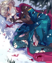 Rule 34 | 1girl, blonde hair, blood, blue eyes, cape, elsa (frozen), frozen (disney), highres, injury, kokuchuutei, lying, on side, pantyhose, short hair, snow, snowing, solo, torn clothes, torn pantyhose
