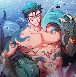 Rule 34 | 1boy, abs, air bubble, bara, bubble, doku (hitori ox), extra eyes, fins, fish boy, heart, highres, large pectorals, long sideburns, male focus, monster boy, monsterification, muscular, muscular male, nude, octopus tattoo, out-of-frame censoring, pectorals, protagonist 3 (housamo), red eyes, short hair, sideburns, smile, solo, spoken heart, stomach tattoo, tattoo, tentacles, thick eyebrows, tokyo houkago summoners, underwater