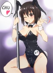 Rule 34 | 1girl, animal ears, black hair, black leotard, bow, bowtie, rabbit ears, rabbit tail, character name, detached collar, highres, leotard, looking at viewer, masegohan, one eye closed, playboy bunny, pole, red eyes, shameimaru aya, short hair, solo, strapless, strapless leotard, tail, touhou, wrist cuffs