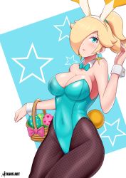 Rule 34 | 1girl, absurdres, animal ears, artist name, basket, black pantyhose, blonde hair, blue bow, blue bowtie, blue eyes, blue leotard, blush, bow, bowtie, breasts, cleavage, collar, covered navel, cuffs, detached collar, earrings, easter egg, egg, eyelashes, fake animal ears, fishnets, hand up, highres, jewelry, kaos art, large breasts, leotard, lips, mario (series), navel, nintendo, pantyhose, playboy bunny, ponytail, rabbit ears, rabbit tail, rosalina, simple background, solo, star (symbol), star earrings, strapless, strapless leotard, super mario galaxy, tail, thighs, wrist cuffs