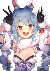 Rule 34 | 1girl, :d, animal ear fluff, animal ears, armpits, arms up, black gloves, blue hair, blush, braid, breasts, carrot hair ornament, commentary, commentary typo, don-chan (usada pekora), double v, english commentary, food-themed hair ornament, fur-trimmed gloves, fur scarf, fur trim, gloves, hair ornament, hololive, long hair, looking at viewer, medium breasts, multicolored hair, open mouth, rabbit-shaped pupils, rabbit ears, redcomet, scarf, simple background, smile, solo, symbol-shaped pupils, teeth, thick eyebrows, twin braids, two-tone hair, upper body, upper teeth only, usada pekora, usada pekora (1st costume), v, virtual youtuber, white background, white hair