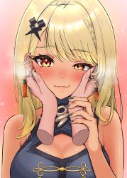 Rule 34 | 2girls, bare shoulders, blonde hair, blue dress, blush, braid, breasts, breath, china dress, chinese clothes, cleavage cutout, clothing cutout, disembodied hand, dress, earrings, fang, french braid, grey nails, gyaru, hair ornament, hands on another&#039;s cheeks, hands on another&#039;s face, highres, jewelry, kaminari qpi, kaminari qpi (4th costume), lightning bolt, lightning bolt hair ornament, lightning bolt piercing, lightning bolt symbol, long hair, looking at viewer, medium breasts, multiple girls, orange eyes, prsdubstep, ring, signature, skin fang, smile, sparkle, tassel, tassel earrings, turtleneck, turtleneck dress, virtual youtuber, vspo!, yellow nails