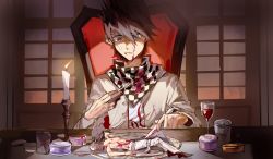 Rule 34 | 2boys, alcohol, blood, borrowed clothes, can, candle, candlelight, chair, checkered clothes, checkered scarf, colored blood, cup, danganronpa (series), danganronpa v3: killing harmony, drinking glass, facial hair, fire, fire, fork, goatee, grey shirt, hair between eyes, highres, holding, holding fork, holding knife, indoors, injury, knife, kurohaneame, long sleeves, looking at another, lying, male focus, mini person, miniboy, momota kaito, multiple boys, necktie, on back, oma kokichi, pink blood, plate, print necktie, scarf, shirt, shoes, sitting, spiked hair, sweatdrop, teeth, topless male, wine, wine glass