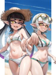 2girls beach bikini black_hair blue_sky breasts callie_(splatoon) colored_tips commentary_request cousins eyewear_on_head groin hat highres inkling jajanome large_breasts locked_arms long_hair looking_at_viewer marie_(splatoon) mole mole_under_eye multicolored_hair multiple_girls navel nintendo o-ring o-ring_bikini one_eye_closed open_mouth outdoors outside_border pillarboxed pink_hair pointy_ears short_hair sky smile splatoon_(series) standing star-shaped_pupils star_(symbol) straw_hat sunglasses swimsuit symbol-shaped_pupils teeth tentacle_hair thick_eyebrows two-tone_hair white_hair yellow_eyes yellow_pupils