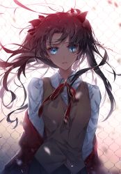 Rule 34 | 1girl, bad id, bad pixiv id, black bow, blue eyes, bow, brown hair, brown vest, chain-link fence, collared shirt, commentary request, fate/stay night, fate (series), fence, h sueun, hair bow, highres, jacket, long hair, off shoulder, parted lips, red bow, red jacket, shirt, signature, solo, tohsaka rin, two side up, upper body, vest, white shirt, wind