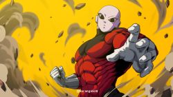 Rule 34 | 1boy, absurdres, bald, black eyes, clenched hand, closed mouth, dragon ball, dragon ball super, expressionless, gloves, highres, horang4628, jiren, male focus, muscular, muscular male, pectorals, pride trooper uniform, rock, simple background, smoke, solo, upper body, white gloves, yellow background