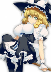 Rule 34 | 1girl, black footwear, blonde hair, boots, bow, braid, breasts, broom, broom riding, dress, green eyes, hair bow, hat, hat bow, impossible clothes, kirisame marisa, kokuuu, large breasts, lipstick, long hair, makeup, puffy short sleeves, puffy sleeves, reclining, short sleeves, single braid, smile, solo, touhou, wrist cuffs
