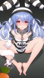 Rule 34 | 1girl, absurdres, animal ears, ball and chain restraint, bare shoulders, barefoot, blue hair, blush, braid, breasts, closed mouth, don-chan (usada pekora), empty eyes, grey background, highres, hololive, long hair, looking at viewer, medium breasts, multicolored hair, official alternate costume, on floor, orange eyes, p-nekoe, prison clothes, rabbit-shaped pupils, rabbit ears, rabbit girl, short eyebrows, simple background, sitting, solo, symbol-shaped pupils, thick eyebrows, twin braids, twintails, two-tone hair, usada pekora, usada pekora (prisoner), virtual youtuber, white hair