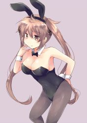 Rule 34 | 1girl, animal ears, black leotard, blush, breasts, cleavage, collarbone, detached collar, fake animal ears, grey background, hair flaps, hand to own mouth, hirune (konekonelkk), kantai collection, large breasts, leaning forward, leotard, light brown hair, long hair, looking at viewer, murasame (kancolle), pantyhose, playboy bunny, rabbit tail, simple background, smile, solo, tail, twintails, very long hair, wrist cuffs
