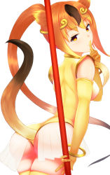 Rule 34 | 10s, 1girl, animal ears, ass, bangle, bracelet, brown eyes, brown hair, circlet, closed mouth, elbow gloves, finger to mouth, from behind, gloves, golden snub-nosed monkey (kemono friends), head tilt, high ponytail, highres, holding, holding staff, jewelry, kemono friends, leotard, long hair, monkey ears, monkey tail, multicolored hair, orange hair, shiroteru, simple background, smile, solo, staff, tail, thighhighs, two-tone hair, very long hair, white background, yellow leotard, yellow thighhighs