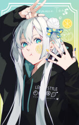 Rule 34 | 1girl, aqua eyes, arm up, black hoodie, blue nails, closed mouth, commentary, food, fruit, gesture request, hair between eyes, hair bun, hair ribbon, hand up, highres, hood, hood down, hoodie, jewelry, lemon, long hair, long sleeves, looking at viewer, multiple rings, nail polish, original, pout, ribbon, ring, sleeves past wrists, solo, symbol-only commentary, upper body, white hair, yagi (shiro yagi), yellow nails