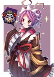 Rule 34 | 1boy, 1girl, ainz ooal gown, antennae, apron, arthropod girl, artist name, black robe, border, brown kimono, bug, character name, closed mouth, cockroach, copyright name, double bun, entoma vasilissa zeta, extra pupils, fangs, hair bun, hand up, highres, hooded robe, insect, insect on finger, japanese clothes, kimono, kuronekozero, lich, light smile, looking down, maid, maid headdress, monster girl, notice lines, overlord (maruyama), pink ribbon, purple background, purple hair, red eyes, ribbon, robe, short hair, skeleton, skin fangs, skull, sleeves past wrists, sparkle, spoken character, white apron, white border, wide sleeves