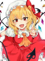Rule 34 | 1girl, :d, absurdres, ascot, blonde hair, bow, breasts, collared shirt, commentary request, crystal, fangs, flandre scarlet, foreshortening, frilled shirt collar, frills, hat, hat bow, highres, index finger raised, laevatein, looking at viewer, medium breasts, mob cap, one side up, open mouth, orange ascot, red bow, red eyes, red skirt, red vest, ribbon-trimmed headwear, ribbon trim, shirt, signature, skirt, skirt set, smile, solo, touhou, tuxedo de cat, vest, white background, white hat, white shirt, wing collar, wings