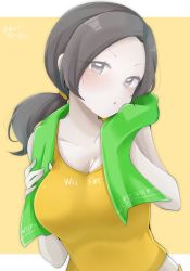 Rule 34 | 1girl, bare shoulders, black hair, blush, breasts, chiji komari, cleavage, collarbone, colored skin, commentary, copyright name, forehead, grey eyes, highres, large breasts, looking at viewer, nintendo, open mouth, parted bangs, ponytail, shirt, simple background, sleeveless, solo, super smash bros., sweat, tank top, towel, translated, white skin, wii fit, wii fit trainer, wii fit trainer (female), yellow background, yellow shirt