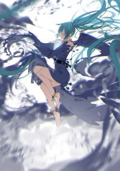 Rule 34 | 1girl, absurdly long hair, absurdres, ajahweea, anklet, barefoot, belt, blue dress, blue hair, dress, closed eyes, floating hair, from side, full body, hair between eyes, hair ornament, hatsune miku, highres, jewelry, long hair, smile, solo, twintails, very long hair, vocaloid