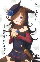 Rule 34 | 1girl, absurdres, animal ears, bare shoulders, black dress, black hat, black thighhighs, blue flower, blue rose, brown hair, commentary request, coreytaiyo, crying, crying with eyes open, cup, dagger, dated, dress, drinking glass, flower, hair over one eye, hat, hat flower, highres, holding, holding cup, horse ears, horse girl, horse tail, knife, long sleeves, notice lines, off-shoulder dress, off shoulder, purple eyes, rice shower (umamusume), rose, sheath, sheathed, signature, sitting, sleeves past wrists, solo, tail, tears, thighhighs, tilted headwear, translation request, umamusume, weapon, white background