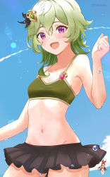 Rule 34 | 2girls, absurdres, amber (genshin impact), artist name, bare shoulders, black skirt, breasts, collei (genshin impact), commentary request, fang, genshin impact, green hair, hand up, highres, looking at viewer, medium hair, multiple girls, navel, open mouth, purple eyes, skirt, small breasts, smile, solo focus, swimsuit, towrituka