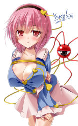 Rule 34 | 1girl, artist name, blouse, blue shirt, blush, breast hold, breasts, cleavage, covered erect nipples, cowboy shot, dated, eyeball, hair ornament, hairband, hand on own arm, heart, heart-shaped pupils, heart hair ornament, holding own arm, komeiji satori, large breasts, leaning forward, long sleeves, looking at viewer, parted lips, partially unbuttoned, pink hair, pink skirt, shirt, short hair, signature, simple background, skirt, solo, symbol-shaped pupils, third eye, touhou, white background, yamu (reverse noise)