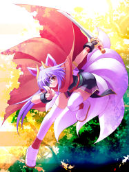 Rule 34 | 1girl, animal ears, cape, eyepatch, fox ears, fox tail, full body, holding, holding sword, holding weapon, horns, japanese clothes, katana, kitsune, kuon (shinrabanshou), kyuubi, leaning forward, long hair, looking at viewer, multiple tails, red eyes, shinrabanshou, silver hair, solo, sword, tail, takatsukasa yue, thighhighs, weapon, white thighhighs