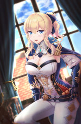 Rule 34 | 1girl, blue sky, blush, bow, breasts, capelet, cleavage, curtains, day, detached sleeves, genshin impact, gloves, hair bow, highres, jean (genshin impact), large breasts, long sleeves, open mouth, pants, ponytail, rayu (snowwhite ki), sky, solo, white pants, window