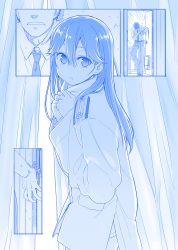 Rule 34 | 10s, 1boy, 1girl, admiral (kancolle), blue theme, borrowed clothes, collared shirt, comic, epaulettes, hair between eyes, highres, himura kiseki, indoors, kantai collection, long hair, long sleeves, looking at viewer, military, military uniform, monochrome, naval uniform, necktie, no pants, pants, rain, shirt, solo focus, standing, standing on one leg, surprised, uniform, ushio (kancolle)