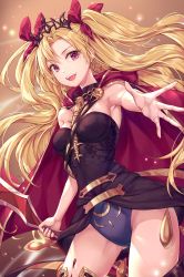 Rule 34 | 1girl, :d, armpits, bad id, bad twitter id, black dress, blonde hair, bow, cape, dress, earrings, ereshkigal (fate), fate/grand order, fate (series), gluteal fold, hair bow, highres, jewelry, long hair, looking at viewer, open mouth, parted bangs, purple eyes, r o ha, red bow, red cape, smile, solo, spine, strapless, strapless dress, thighhighs, tiara, two side up, very long hair