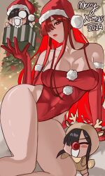 2024 3girls absurdres antlers bare_legs black_hair box breasts christmas christmas_tree deer_antlers fake_beard fake_facial_hair fate/grand_order fate_(series) gift gift_box hair_over_one_eye hat highres horns large_breasts leotard long_hair merry_christmas mini_nobu_(fate) multiple_girls oda_nobukatsu_(fate) oda_nobunaga_(fate) oda_nobunaga_(maou_avenger)_(fate) red_eyes red_hair red_leotard santa_hat wwkp_(akisenpai9999)