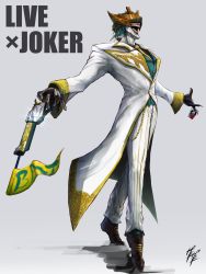 Rule 34 | 1boy, batman (series), card, clown, colored skin, commentary request, dc comics, english text, formal, full body, fusion, green hair, gun, handgun, highres, holding, holding gun, holding weapon, kamen rider, kamen rider live, kamen rider revice, livegun, mask, necktie, playing card, revolver, short hair, signature, smile, solo, suit, teeth, the joker, weapon, white skin, white suit, zagizagi