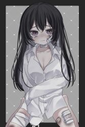 Rule 34 | 1girl, @ @, absurdres, bags under eyes, bandaged leg, bandaged neck, bandages, bandaid, bandaid on leg, barefoot, black border, black hair, border, breasts, bruise, bruise on leg, cleavage, collarbone, commission, crying, gauze on cheek, gauze on leg, grey background, hair between eyes, hand on own arm, hashtag only commentary, heart, heart background, highres, injury, large breasts, light blush, long hair, looking at viewer, oniyamakei, original, patterned background, purple hair, ringed eyes, sad, shirt, sidelocks, sitting, skeb commission, solo, tears, wariza, wavy mouth, white shirt