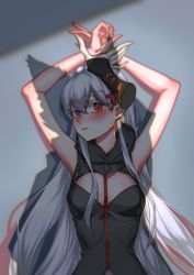 Rule 34 | 1girl, aak (arknights), absurdres, arknights, arms up, bare arms, bare shoulders, black shirt, blush, breasts, colored eyelashes, cross hair ornament, disembodied limb, grey background, hair between eyes, hair ornament, highres, long hair, looking at viewer, pov, qingtiana, red eyes, shadow, shirt, silver hair, sleeveless, sleeveless shirt, small breasts, solo focus, upper body, very long hair, warfarin (arknights)