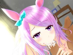 Rule 34 | 1girl, animal ears, bad id, bad pixiv id, bed, blush, censored, commentary request, cum, cum in mouth, curtains, fellatio, hair ornament, highres, horse ears, horse girl, lens flare, long hair, looking at viewer, mejiro mcqueen (umamusume), oral, penis, purple eyes, purple hair, solo focus, umamusume