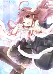 Rule 34 | 10s, 1girl, ;p, anchor, bare shoulders, black thighhighs, blush, boots, breasts, brown eyes, brown hair, cannon, cherry blossoms, detached sleeves, double bun, fujieda miyabi, hair bun, hair ornament, hairband, headgear, japanese clothes, kantai collection, kongou (kancolle), long hair, medium breasts, miko, nontraditional miko, one eye closed, open mouth, personification, pointing, skirt, smile, solo, text focus, thigh boots, thighhighs, tongue, tongue out, translated, turret, wide sleeves, wink