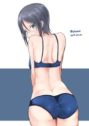 Rule 34 | 10s, 1girl, absurdres, ass, back, bikini, black hair, blue bikini, blue bra, blue eyes, blue panties, blush, bra, breasts, butt crack, dated, female focus, from behind, girls und panzer, glasses, grey hair, highres, irukatto, looking at viewer, looking back, panties, round eyewear, rumi (girls und panzer), short hair, small breasts, solo, swimsuit, twitter username, underwear, underwear only