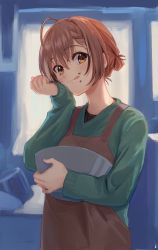 Rule 34 | 1girl, ahoge, alternate costume, apron, blue background, braid, braided bangs, brown apron, brown eyes, brown hair, curtains, food, food on face, green sweater, hair bun, hololive, hololive english, kisuu (oddnumberr ), licking lips, mixing bowl, multicolored hair, nanashi mumei, hugging object, short hair, streaked hair, sweater, tongue, tongue out, virtual youtuber, window, wiping face