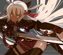 Rule 34 | 1girl, ahoge, arm guards, bad id, bad pixiv id, black bow, black thighhighs, bow, breasts, commentary request, cowboy shot, dark-skinned female, dark skin, fate/grand order, fate (series), hair between eyes, hair bow, hair ornament, holding, holding sword, holding weapon, katana, koha-ace, long hair, majin saber, okita souji (fate), okita souji (koha-ace), okita souji alter (fate), silver hair, solo, sword, tagme, tassel, teke (exploration), thighhighs, v-shaped eyebrows, very long hair, weapon, yellow eyes