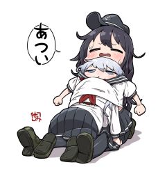 Rule 34 | 10s, 3girls, = =, akatsuki (kancolle), all fours, anchor symbol, black hair, black legwear, blue eyes, blue hair, blue skirt, blush, brown hair, clenched hands, flat cap, full body, green footwear, hat, head under another&#039;s clothes, hibiki (kancolle), ikazuchi (kancolle), inazuma (kancolle), kantai collection, kneeling, loafers, long sleeves, multiple girls, neckerchief, open mouth, pantyhose, peaked cap, pleated skirt, red neckerchief, shadow, shirt, shoes, short sleeves, simple background, sitting, skirt, speech bubble, sweat, tokkyuu mikan, translation request, triangle mouth, under another&#039;s clothes, white background, white shirt
