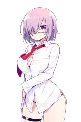 Rule 34 | 1girl, black panties, blush, breasts, chan co, cowboy shot, dress shirt, fate/grand order, fate (series), glasses, hair over one eye, large breasts, looking at viewer, mash kyrielight, necktie, no pants, panties, purple eyes, purple hair, red necktie, shirt, short hair, simple background, solo, thigh strap, underwear, white background, white shirt