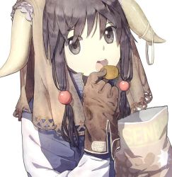 Rule 34 | 1girl, bad id, bad pixiv id, bag, bag of chips, beads, brown gloves, chips (food), eating, food, gloves, grey eyes, hair beads, hair bobbles, hair ornament, holding, holding food, horn ornament, horn ribbon, horns, jacket, leather, leather gloves, looking at viewer, open mouth, original, package, ribbon, simple background, solo, takohaka, track jacket, track suit, upper body, white background, zipper