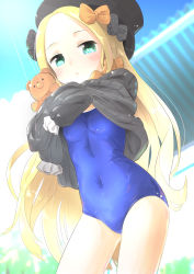 Rule 34 | 1girl, abigail williams (fate), anzu yoshihiro, aqua eyes, black bow, black dress, black hat, blonde hair, blue one-piece swimsuit, blush, bow, commentary request, competition school swimsuit, covered navel, day, dress, fate/grand order, fate (series), hair bow, hat, highres, hugging object, long hair, long sleeves, looking at viewer, one-piece swimsuit, orange bow, outdoors, parted bangs, parted lips, polka dot, polka dot bow, school swimsuit, sleeves past fingers, sleeves past wrists, solo, stuffed animal, stuffed toy, sunlight, swimsuit, swimsuit under clothes, teddy bear, very long hair