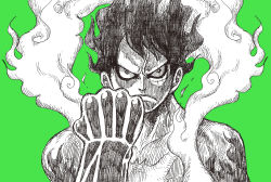 Rule 34 | 1boy, absurdres, alternate form, black hair, clenched hand, gear fourth, green background, greyscale with colored background, highres, incredibly absurdres, looking at viewer, monkey d. luffy, muscular, muscular male, oda eiichirou, official art, one piece, pectorals, scar, scar on chest, serious, short hair, sketch, spot color, steam, upper body