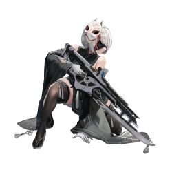 Rule 34 | 1girl, 2b (nier:automata), absurdres, alternate costume, ass, back, black blindfold, black dress, blindfold, boots, breasts, cleavage, cleavage cutout, clothing cutout, collaboration, covered eyes, crossover, curvy, dress, feather-trimmed sleeves, gloves, goddess of victory: nikke, highres, holding, holding weapon, huge ass, japanese clothes, kimono, large breasts, long sleeves, nier:automata, nier (series), official alternate costume, official art, shiny skin, short hair, solo, squatting, thick thighs, thighhighs, thighhighs under boots, thighs, weapon, white hair, wide hips