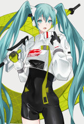Rule 34 | 1girl, aqua eyes, aqua hair, asymmetrical clothes, asymmetrical legwear, black bodysuit, black gloves, bodysuit, bodysuit under clothes, breasts, covered navel, crop top, crop top overhang, cropped jacket, female focus, flag, gloves, goodsmile racing, green gloves, hands up, hatsune miku, headgear, highres, holding, holding flag, jacket, legs apart, long hair, long sleeves, open mouth, puffy sleeves, racing miku, racing miku (2022), sidelocks, small breasts, solo, standing, strap, twintails, two-tone gloves, very long hair, vocaloid, white jacket