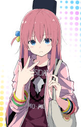 Rule 34 | 1girl, absurdres, bangle, black shirt, blue eyes, bocchi the rock!, bracelet, cube hair ornament, gigbag, gotoh hitori, hair between eyes, hair ornament, highres, jacket, jewelry, long hair, looking at viewer, open clothes, open jacket, pink hair, pink jacket, print shirt, rauto, shirt, solo, track jacket, v, w, white bag