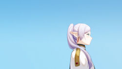 Rule 34 | 1girl, blue background, capelet, closed mouth, earrings, elf, frieren, from side, gradient background, green eyes, grey hair, highres, jewelry, lis zhu long, long hair, looking ahead, parted bangs, pointy ears, profile, solo, sousou no frieren, twintails, white capelet