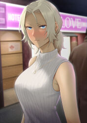 Rule 34 | 1girl, absurdres, alternate costume, bare shoulders, blonde hair, blue eyes, blush, catherine (fire emblem), closed mouth, commentary request, contemporary, dark-skinned female, dark skin, fire emblem, fire emblem: three houses, furo atsushi, grey sweater, highres, jewelry, lips, long hair, looking at viewer, love hotel, necklace, nintendo, pink lips, ponytail, ribbed sweater, sleeveless, sleeveless sweater, solo, sweater, turtleneck, turtleneck sweater
