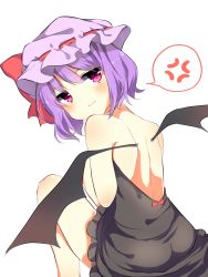 Rule 34 | anger vein, back, backless dress, backless outfit, bad id, bad pixiv id, bare legs, bare shoulders, bat wings, black dress, black wings, blush, bow, closed mouth, dress, from behind, hat, hat bow, karasusou nano, looking at viewer, looking back, mob cap, pink eyes, pink hat, purple hair, red bow, remilia scarlet, short hair, simple background, sitting, solo, spoken anger vein, tears, touhou, transparent background, white background, wings
