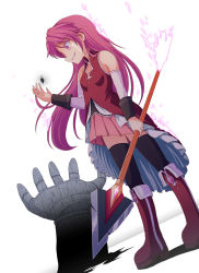 Rule 34 | 10s, alternate hairstyle, bare shoulders, black thighhighs, boots, detached sleeves, dutch angle, grief seed, long hair, mahou shoujo madoka magica, mahou shoujo madoka magica (anime), oktavia von seckendorff, pink hair, polearm, red hair, sakura kyoko, solo, spear, tears, thighhighs, tri, twintails, weapon