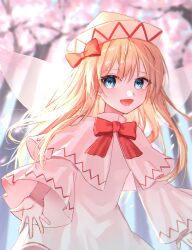 Rule 34 | 1girl, :d, absurdres, blonde hair, blue eyes, blurry, blurry background, bow, bowtie, capelet, cherry blossoms, commentary, dress, fairy wings, hair bow, hat, hatsu shiki, highres, lily white, long hair, long sleeves, looking at viewer, open mouth, red bow, red bowtie, smile, solo, touhou, upper body, white capelet, white dress, white hat, wide sleeves, wings
