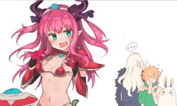 Rule 34 | &lt;o&gt; &lt;o&gt;, + +, ..., 1girl, 2boys, :&gt;, animal ears, armor, bandaged arm, bandages, bikini, bikini armor, blood, blue eyes, blush, breasts, character request, choker, closed mouth, curled horns, dragon horns, elizabeth bathory (brave) (fate), elizabeth bathory (fate), facing away, fang, fate/grand order, fate (series), green shirt, hair ribbon, head tilt, highres, horns, jackal ears, light brown hair, long hair, long sleeves, medjed (fate), mochii, multiple boys, navel, nosebleed, open mouth, oversized clothes, pauldrons, pink hair, pointy ears, purple ribbon, red bikini, red choker, ribbon, robin hood (fate), shield, shirt, shoulder armor, single sleeve, small breasts, spoken ellipsis, string bikini, sweat, swimsuit, tiara, two side up, vambraces, very long hair, wavy mouth, white background